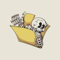retro cartoon emblem of skeleton emerges from inside the folder vector