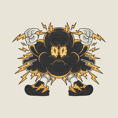 retro cartoon emblem of grumpy thunder cloud mascot