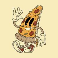 retro cartoon emblem of happy walking pizza vector