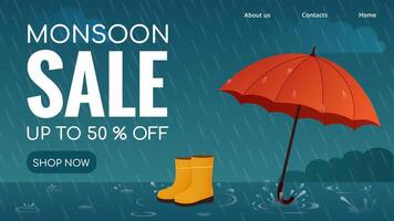 web banner for summer monsoon sale, horizontal template with umbrella and rain for discount vector