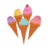 Assorted Ice Cream Scoops on Waffle Cone Illustration vector