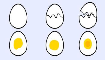 Boiled egg doodle set hand-drawn icons showing different boiling stages from soft to hard. Fun breakfast illustration for food design vector