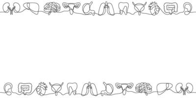 One line human organs seamless pattern. Minimalist anatomy background with continuous line liver, heart, lungs, kidneys, stomach. Transparent illustration for medical design and packaging. vector