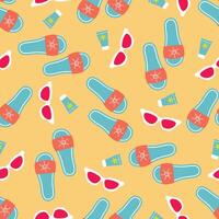 Summer print with flip-flops, spf cream and sunglasses on the sand vector
