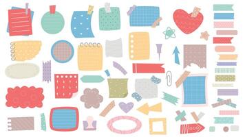 Cute colorful sticky notes, papers, leaflets, bookmarks, sticky tape, notes set vector