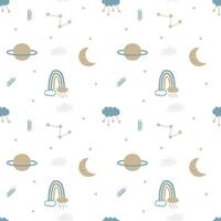 seamless minimal sky with star, cloud rainbow, moon and saturn repeat pattern in white background vector