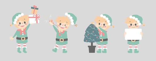 Collection set of merry christmas and happy new year with cute little elf dwarf, present gift, firecracker, Christmas tree, and blank sign vector