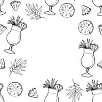 Decorative border frame with outline cocktail drinks pina colada and pineapple for napkins, textile etc vector