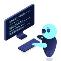 Futuristic robot interaction with computer. Isometric AI robot. Digital communication chatbots. Isometric. vector