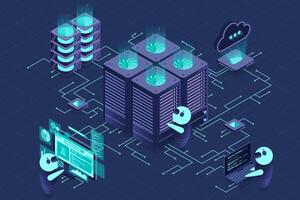Data center and web hosting isometric concept. Cloud computing storage. Isometric server room. vector