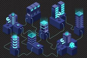 3d isometric concept big data center with server. Cloud computing. Network mainframe infrastructure. Isometric high technology concept, vector
