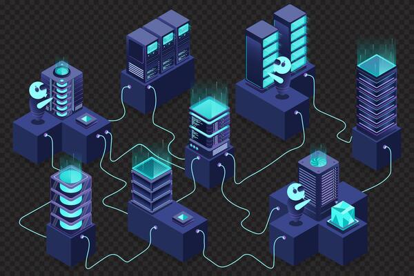 3d isometric concept big data center with server. Cloud computing. Network mainframe infrastructure. Isometric high technology concept,