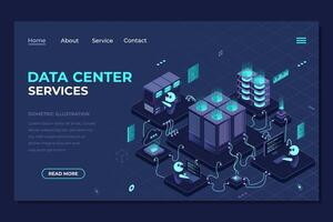 Isometric data center landing page. Networking, database, cloud storage. Digital technology website landing page. Isometric technology vector