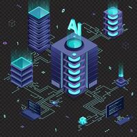 Isometric artificial intelligence technology. Isometric cloud computing concept. Artificial intelligence neural network future technology. Server computer. Isometric technology vector
