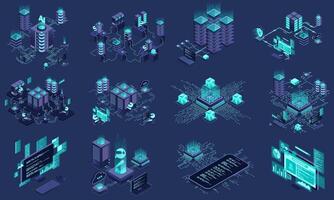 Set of isometric modern technology concept for cloud computing, datacenter, database, artificial intelligence, and blockchain technology. vector