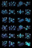 Large set of isometric modern technology concept for cloud computing, datacenter, database, artificial intelligence, and blockchain technology. Isometric technology, vector