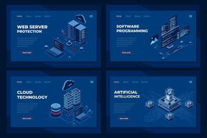 Set of isometric landing page template. Modern technology concept for cloud computing and artificial intelligence. Isometric technology. vector