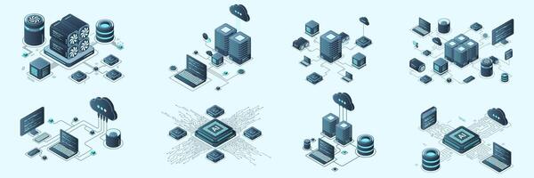 Set of isometric modern technology for cloud computing, Datacenter, Database, artificial intelligence, and blockchain technology. Isometric technology vector