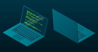 Isometric laptop. Isometric laptop computer. Abstract programming language and program code on a laptop screen. Isometric technology. vector