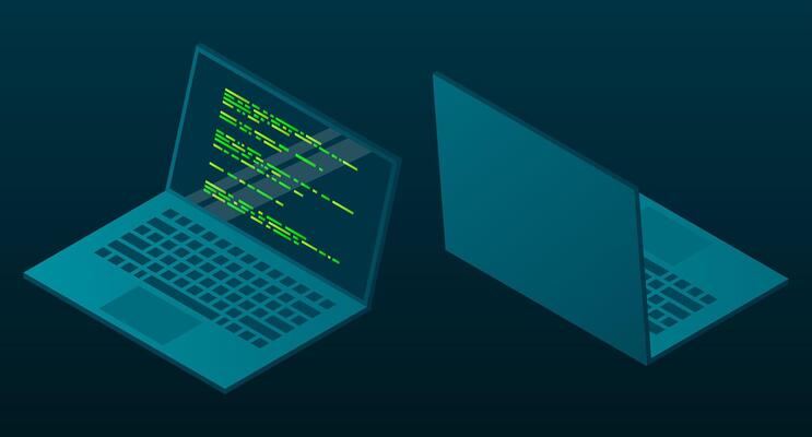 Isometric laptop. Isometric laptop computer. Abstract programming language and program code on a laptop screen. Isometric technology.