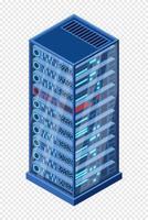 Isometric server. Network server room. 3D computer equipment. Storage database. Isometric technology vector