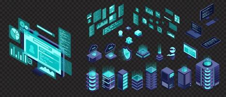 Set of isometric computer technology. Isometric set server equipment. Technology isometric icons. Digital technology items. Isometric vector