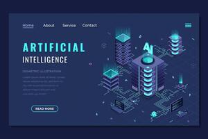 Isometric artificial intelligence landing page. Machine learning technology. Digital technology website landing page. Isometric technology. vector