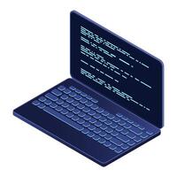 Isometric laptop. 3d isometric laptop computer. Abstract programming language and program code on a laptop screen vector