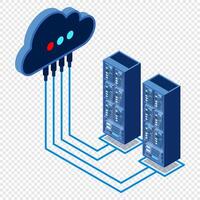 Cloud technology computing concept. Data center concept. Cloud storage. Server room isometric. Database connection. Server rack. Isometric technology vector