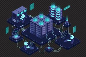 Isometric data center or server room. Data center connection network. Cloud storage. Isometric high technology concept. Isometric technology vector