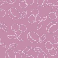 Seamless pattern with continuous one line drawing cherry and plum on purple background. Hand drawn berries for fabric, packaging paper and more. vector