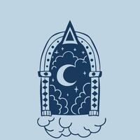 Mystical Crescent Moon Archway in Clouds Night Sky Design vector