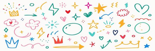 Hand drawn Doodle Set Crowns, Hearts, Stars, Arrows, and More vector