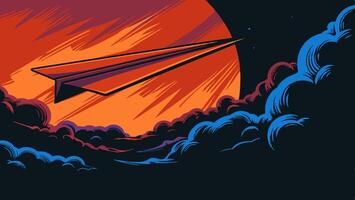 Paper Airplane Soaring Over Planet and Clouds Artistic Illustration vector