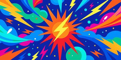 Abstract Colorful Energy Burst Background Bright Lightning Bolts, Sun, and Dynamic Shapes vector