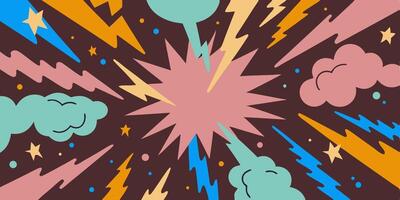 Abstract Retro Background Colorful Lightning Bolts, Stars, and Clouds vector