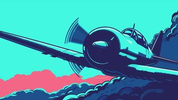 Vintage Propeller Plane Flying Through Clouds, Retro Artwork vector