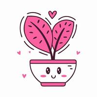 Cute Cartoon Plant in Pot with Hearts Kawaii Style vector