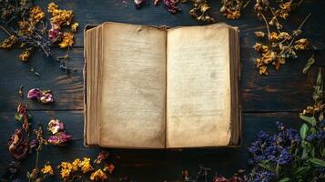 Open Ancient Book on Rustic Surface - Elegance in Literature and Wisdom Displayed photo
