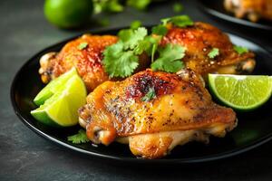 Golden baked chicken thighs topped with fresh cilantro and served with lime wedges on a sleek black plate, creating a zesty and flavorful dish photo