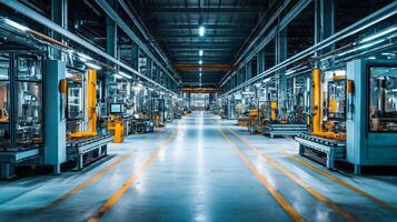 A modern factory floor with high-tech equipment, automated machines, production lines, bright LED lighting, and orange safety lanes, creating an efficient industrial environment. photo