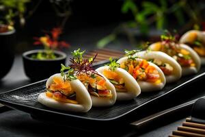 Bao buns elegantly arranged on a black platter, filled with vibrant vegetables and garnished with microgreens, served in a modern restaurant setting photo