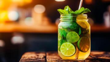 A refreshing mojito cocktail with lime and mint served in a mason jar with a straw on a rustic wooden table photo