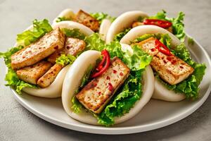 Minimalist presentation of bao buns on a clean white plate, filled with grilled tofu, fresh lettuce, and red chili slices, creating a vibrant and healthy dish photo