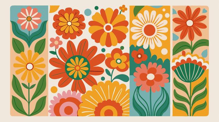 Retro 70s Floral Pattern Design Colorful Flowers Background
