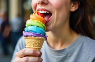 LGBTQ Pride month . Colorful rainbow ice cream cone enjoyed by young person on a sunny day photo