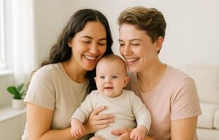 Happy family moment. two mothers and baby smiling together at home. photo