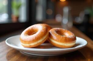 Delicious donuts with icing on a white plate, a blurred background of a cafe or bakery. Fat Thursday or donut day photo