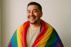 Smiling individual embraced by rainbow flag celebrating lgbtq pride and diversity. LGBT Pride month . photo
