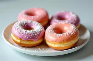 Delicious donuts with colorful glaze and sprinkles on a white plate. fat Thursday. Doughnut Day photo